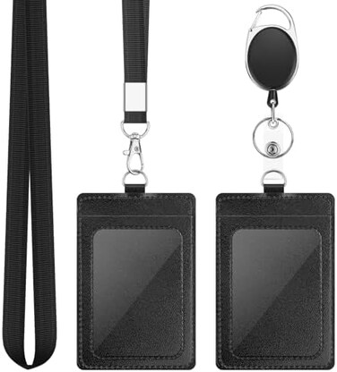 DUPENCD 2 Pack Badge Holders, Vertical PU Leather ID Badge Card Holder with 1 Clear ID Window, with Detachable Neck Lanyard Strap and Retractable Badge Reel ID Card Holders Set.