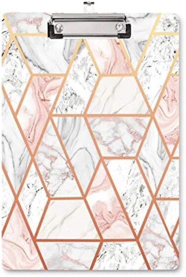 WAVEYU Marble Clipboard Decorative for Office, Cute Clipboard Hardboard with Low Profile Clip Designed for Middle High School College Student Girl Women Adult Teen Gift, PinkGold (12. 5"x8. 5".