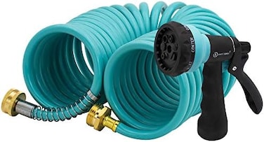 AUTOMAN EVA Recoil Garden Hose 25ft - Includes 7 Pattern Spray Nozzle,Curly Water Hose 25 Foot,Watering Coil,Retractable,Corrosion Resistant Garden Coil Hose.