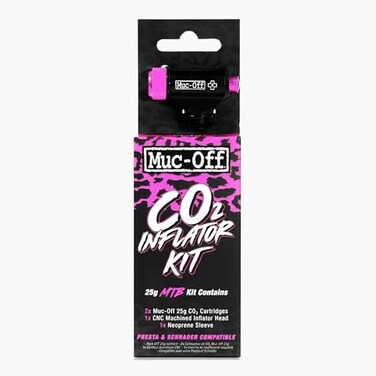 طقم نفخ الإطارات Muc Off Muc-Off Muc Off CO2، للدراجات الجبلية - طقم إصلاح الثقوب للدراجات الجبلية المزودة بصمامات بريستا أو شريدر - يتضمن خرطوشتين، وغطاء رأس النفخ.