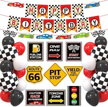 Bessmoso Race Car Birthday Party Decoration Set Race Car Party Signs Racing Birthday Banner Checkered Flags Balloons for Boys Let's go Racing Party Supplies.