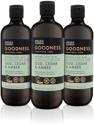 Baylis &amp; Harding BaylisHarding Goodness Oud, Cedar and Amber Body Wash, 500 ml (Pack of 3- Vegan Friendly.