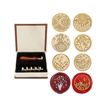 Yoption Wax Seal Stamp Set, 6 Pieces Sealing Wax Stamps Copper Seals1 Piece Wooden Hilt Vintage Retro Classical Initial Sealing Wax Stamp Kit (Moon and Star Suit.