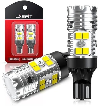 مصباح LASFIT 921 912 T15 CANBUS LED عكسي خالٍ من الأخطاء، ضوء أبيض، تصميم مطور جديد، عبوة من قطعتين.