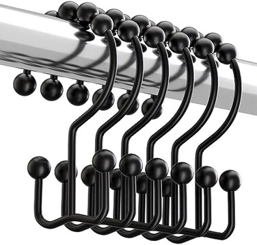 Titanker Black Shower Curtain Hooks Rings, Rust-Resistant Metal Double Glide Shower Hooks for Bathroom Shower Rods Curtains, Set of 12 Hooks - Matte Black.