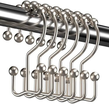 Titanker Shower Curtain Hooks Rings, Rust Resistant Metal Double Glide Shower Hooks Rings for Bathroom Shower Rods Curtains, Set of 12 Hooks - Nickel.