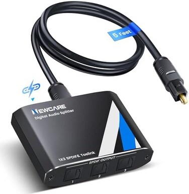 NEWCARE Digital Optical Splitter 1 in 3 Out,SPDIF Toslink Digital Optical Audio Cable Splitter 1x3 Support LPCM2. 0 Doldy DigitalDTS 5. 1 for Xbox,PS4,PS5,DVD,TV Box,Home Theatre, Receiver,Sound Bar.
