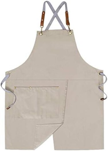 Mignongirl Crossback Apron with Pockets x2,Split Apron with Adjustable Straps,M-XXL (Beige.