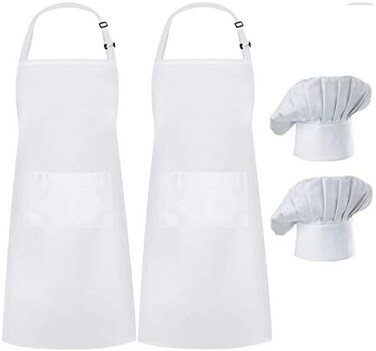 Hyzrz 2 Pack Apron Chef Hat Set, Adjustable Black Bib Cooking Aprons Water Drop Resistant Elastic Baker Kitchen Cooking Chef Cap Women Men Chef Free Size White.