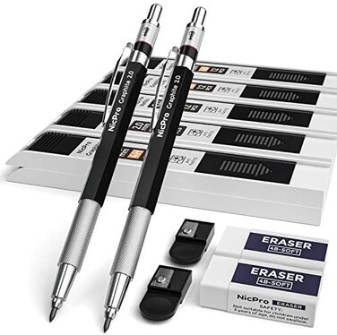 Nicpro 2mm Metal Mechanical Pencil Set, 2PCS Lead Holder 2. 0 mm Marker Artist Carpenter Pencils with 120 Graphite Lead Refill (HB 2H 4H 2B 4BColor, 2 Eraser for Drafting, Drawing Writing Sketching.