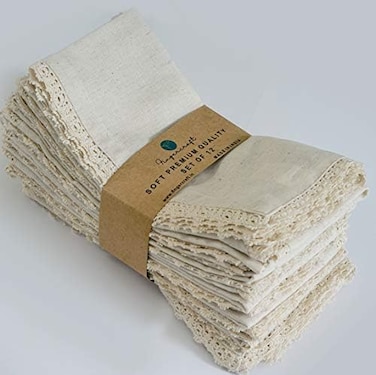 FINGERCRAFT 20X20 inch Oversized Dinner Napkins Premium Cotton Flax 12 Pack Natural Premium Quality Mitered Corners With Elegant Lace for Everyday Use Napkins are Pre Shrunk And Good Absorbency With L