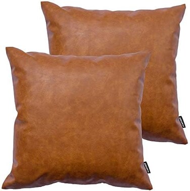 HOMFINER Faux Leather Throw Pillow Covers, 18 x 18 inch Set of 2 Thick Cognac Brown Modern Solid Decorative Square Bedroom Living Room Cushion Cases for Couch Bed Sofa.