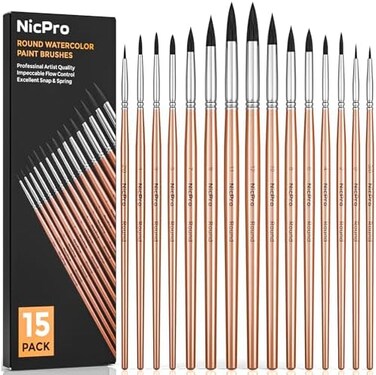 Nicpro 15 PCS Round Watercolor Paint Brushes Bulk, Professional Artist Painting Brush Set for Water Color Acrylic Oil, Detail, Model, Gouache, Ink, Art PaintbrushRose Gold Ideal Women Gift.