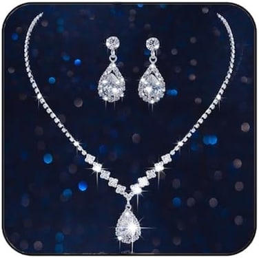 Aukmla Bride Wedding Necklace Earrings Set Silver Rhinestones Necklaces Bridal Crystal Jewelry Accessories for Women (Set of 3.