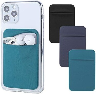 Fulgamo 3Pack Cell Phone Card Holder for Back of Phone,Stretchy Lycra Stick on Wallet Pocket Credit Card ID Case Pouch Sleeve Self Adhesive Sticker for iPhone Samsung Galaxy Android-Dark GreenBlue Gra