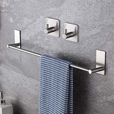 Taozun 16-Inch Towel Bar - Self Adhesive Bathroom Towel Holder with 2 Packs Towel Hooks, Stainless Steel Bathroom Hardware Accessory Kit, No Drilling.