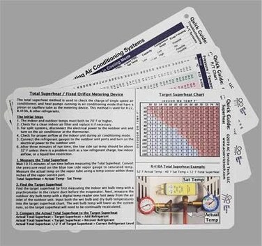 بطاقات مرجعية سريعة من شركة AC Service Tech LLC لشحن غاز التبريد واستكشاف الأعطال وإصلاحها.