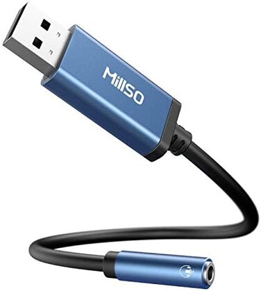 MillSO USB to 3. 5mm Audio Jack Adapter, Sapphire Blue TRRS USB to AUX Audio Jack External Stereo Sound Card for Headphone, Speaker, PS4, PS5, PC, Laptop, Desktops - 1 Feet.