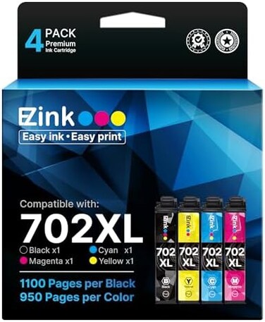 E-Z Ink (TM Remanufactured Ink Cartridge Replacement for Epson 702XL T702XL 702 T702 to use with Workforce Pro WF-3720 WF-3730 WF-3733 Printer (1 Large Black, 1 Cyan, 1 Magenta, 1 Yellow, 4 Pack.