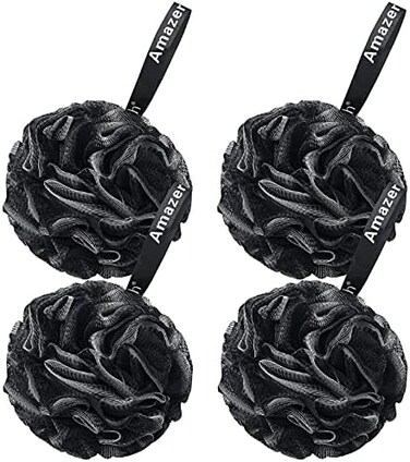 AmazerBath Shower Bath Sponge Shower Loofahs Balls 75g/PCS for Body Wash Bathroom Men Women- Set of 4 Black.