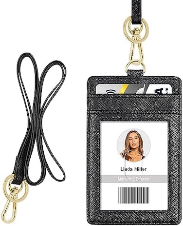 Azrra ID Badge Holder with Lanyard, Vertical PU Leather ID Badge Card Holder with 1 Clear ID Window, 4 Credit Card Slots and a Detachable Neck Lanyard (Black.