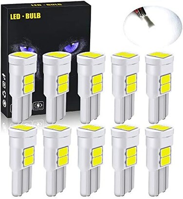مصابيح YEERON الداخلية والخارجية، مصابيح LED سيراميكية T10 فائقة السطوع، 6 رقائق SMD 5630، 168، 194، 2825، W5W، مصابيح LED لإضاءة جانبية للأبواب، لون أبيض 6000 كلفن. عبوة من 10 مصابيح.