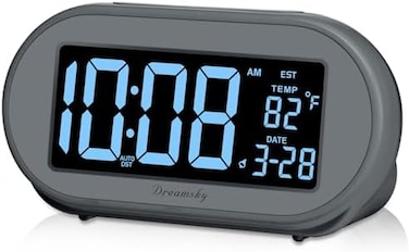 DreamSky Alarm Clocks for Bedrooms, Auto Set Digital Desk Clock for Bedside Nightstand, Electric Clock with Dimmable Brightness Dimmer, Auto DST, USB Port, Date, Temperature, Snooze.