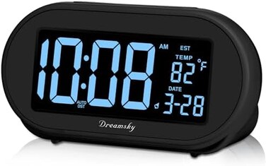 DreamSky Alarm Clocks for Bedrooms, Auto Set Digital Desk Clock for Bedside Nightstand, Electric Clock with Dimmable Brightness Dimmer, Auto DST, USB Port, Date, Temperature, Snooze.