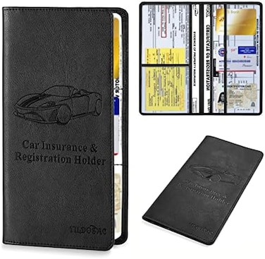 TILDOSAC Leather Car Registration and Insurance Card Holder, Car Document Holder for Cards License with Magnetic Shut (Black, large.