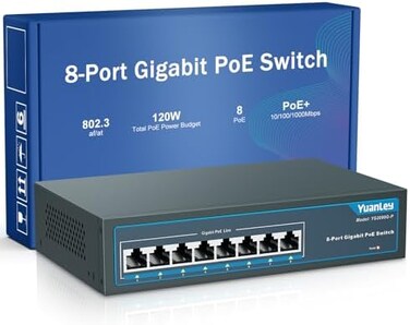 YuanLey 8 Port Gigabit PoE Switch, 8 PoEPort 1000Mbps, 120W 802. 3af/at, Metal Fanless Unmanaged Plug and Play.