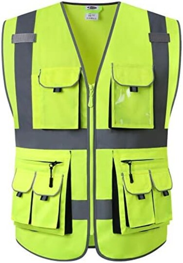 JKSafety 10 Pockets High Visibility Zipper Front Safety Vest (Yellow, Medium.