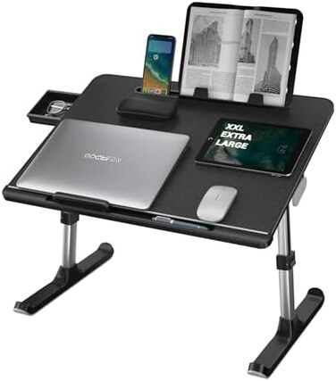 NEARPOW Laptop Desk for Bed, XXL Bed Table Bed Desk for Laptop and Writing, Adjustable Computer Tray Laptop Stand for Bed or Sofa with Anti-slip Leather, Removable Stopper, Book Stand and Drawer-Black