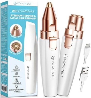 VG VOGCREST Rechargeable Eyebrow TrimmerFacial Hair Remover for Women, 2 IN 1 Eyebrow Razor and Flawless Hair Remover, Eyebrow Lips Nose Body Facial Hair Removal for Women with Built-in LED Light (Whi
