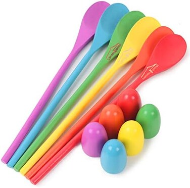 LovesTown 12 Pcs Egg Spoon Race Game Sets, Wooden Balance Relay Games for Kids Easter Eggs Hunt Outdoor Lawn.