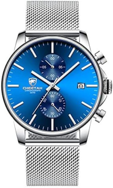 GOLDEN HOUR Mens Watch Fashion Sleek Minimalist Quartz Analog Mesh Stainless Steel Waterproof Chronograph Watches for Men with Auto Date.