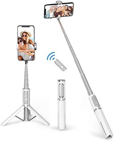 ATUMTEK Selfie Stick Tripod, Extendable 3 in 1 Aluminum Bluetooth Selfie Stick with Wireless Remote and Tripod Stand for iPhone 16/15/14/13/12/11 Pro Max/XS Max/XS/XR/X/8/7, Samsung Smartphones White.