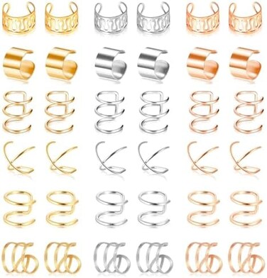 Roctee 18 Pairs Ear Cuff, 6 Styles Cartilage Clip On Earrings Set Stainless Steel Ear Clip Fake Cartilage Earring Non Piercing Helix Cartilage Ear Clip Gold/Silver/Rose, Stainless Steel, 无宝石.