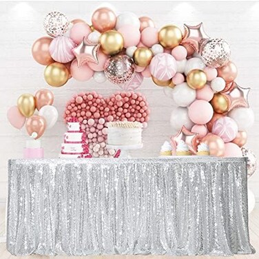 PartyDelight 6ft Silver Sequin Table Skirt for Round/Rectangle/Square Table for Birthday Party Wedding Christmas.