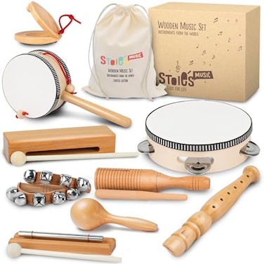Stoie's International Wooden Music Set for Toddlers and Kids- Eco Friendly Musical Set with A Cotton Storage Bag - Promote Environment Awareness, Creativity, Coordination and Have Lots of Family Fun.