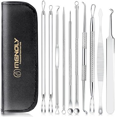 MENOLY (silver- 10 Pcs Blackhead Remover (Silver, Comedone Pimple Extractor Tool, Acne Kit for Blackhead, with Leather Bag.