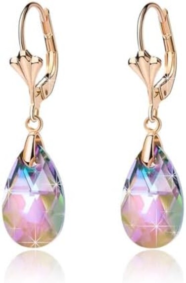 Austrian Crystal Teardrop Leverback Dangle Earrings for Women Fashion 14K Gold Plated Hypoallergenic Jewelry.