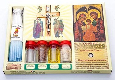 Jerusalem - Holy Land Set of Holy Water, Oil, Soil, Incense, Candles, Cross and Icon.