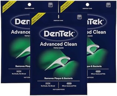 أعواد تنظيف الأسنان DenTek Triple Clean Advanced Clean Floss Picks، خيط تنظيف الأسنان بدون كسر أو تمزيق، 150 قطعة، عبوة من 3 قطع.