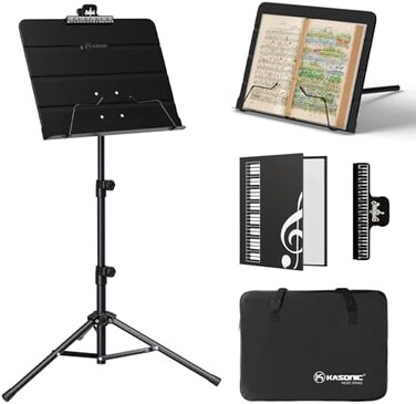 K KASONIC - Dual-Use Folding Sheet Music StandDesktop Book Stand with Portable Carrying Bag, Sheet Music FolderClip Holder (Black.
