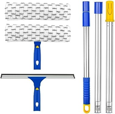 ITTAHO Squeegee for Window Cleaning,12"Squeegee and 11"Microfiber Scrubber Combi with Stainless Steel Pole,Extendable Squeegee Window Cleaner for Car,Sliding Door,Shower Glass Door-Swivel Style-2 Pads