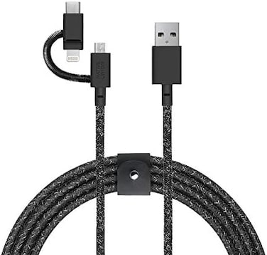 Native Union - Belt Cable Universal - 6. 5ft Ultra-Strong Reinforced Apple MFi Certified Durable Charging Cable with 3-in-1 Adaptor for Lightning, USB-C and Micro-USB Devices (Cosmos.