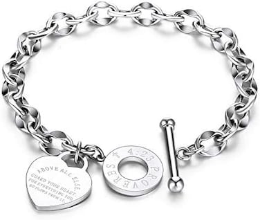 kelistom 316L Stainless Steel Love Heart Charm Bracelet for Women Romantic Gift Silver/Rose/18k Gold Plated OT Clasp Bracelets (silver.