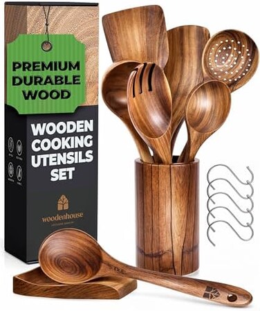 WOODENHOUSE LIFELONG QUALITY Wooden Cooking Utensils, Kitchen Utensils Set with HolderSpoon Rest, Teak Wood Spoons and Wooden Spatula for Cooking, Nonstick Natural and Healthy Kitchen Cookware, Durabl