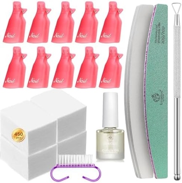 Beetles Gel Polish Remover Kit with 450 Pcs Lint Free Nail Wipes 10 Pcs Gel Polish Remover Clips Cuticle Oil Cuticle Pusher Nail File.
