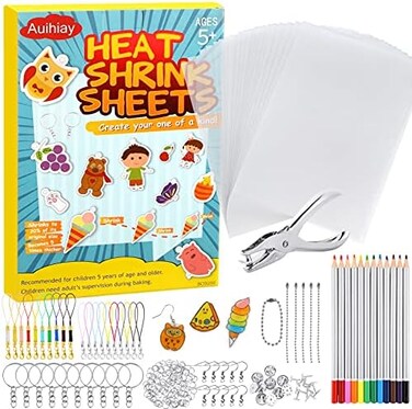 Auihiay 198 Pieces Shrink Plastic Kit Include 20 Sheets Shrinky Paper, Hole Punch, Keychains Accessories and Pencils for DIY Ornaments or Creative Craft.